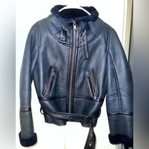 Max & Co blue leather Sherpa bomber